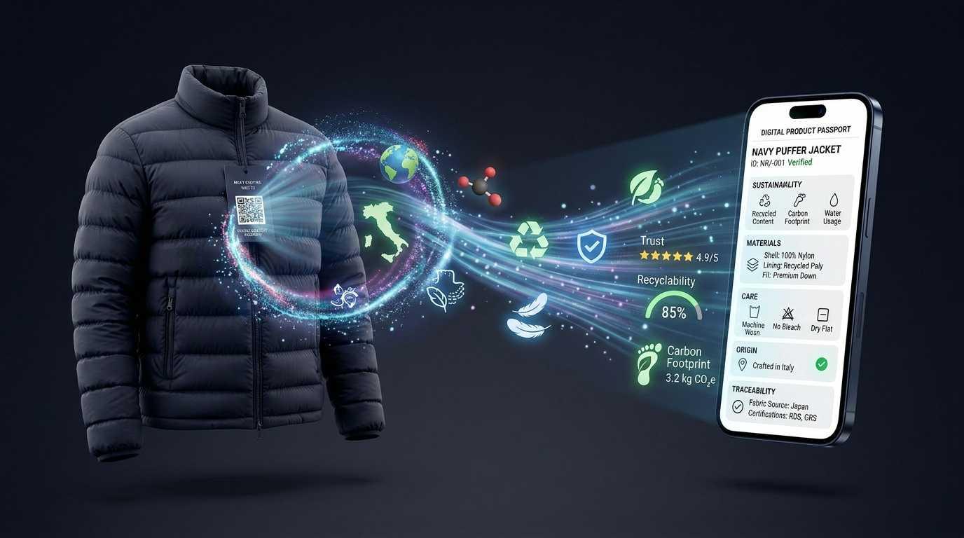 Navy puffer jacket with QR code scanning into a phone showing a Digital Product Passport with sustainability, materials, origin, and traceability data