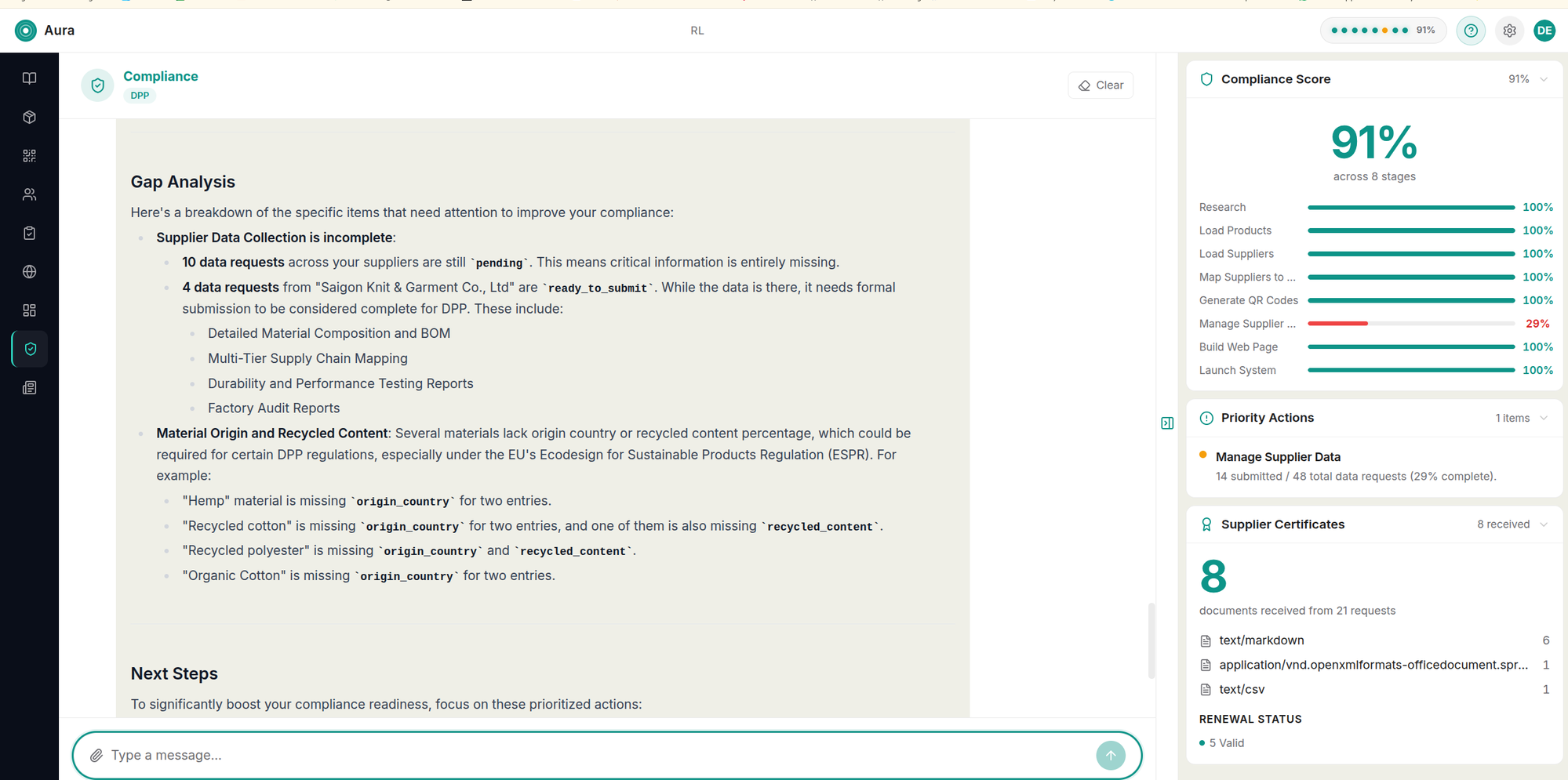 AI compliance assessment showing supplier data collection status and missing documentation