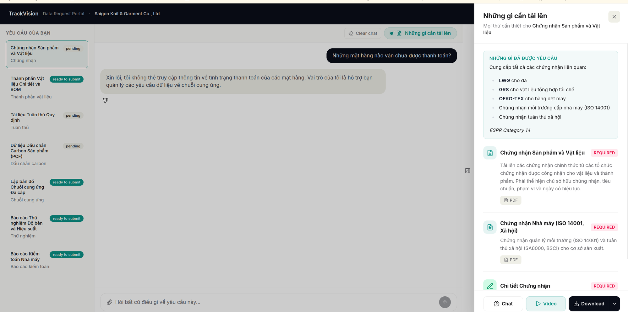 Supplier Portal — multi-language data request interface showing certification requirements and document upload status