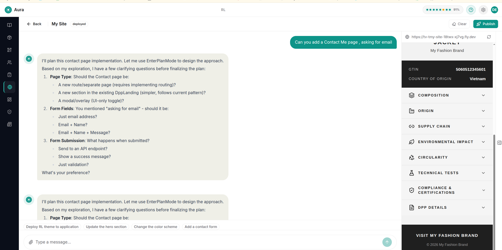 DPP Website Builder — AI agent customising a live Digital Product Passport page with environmental impact data